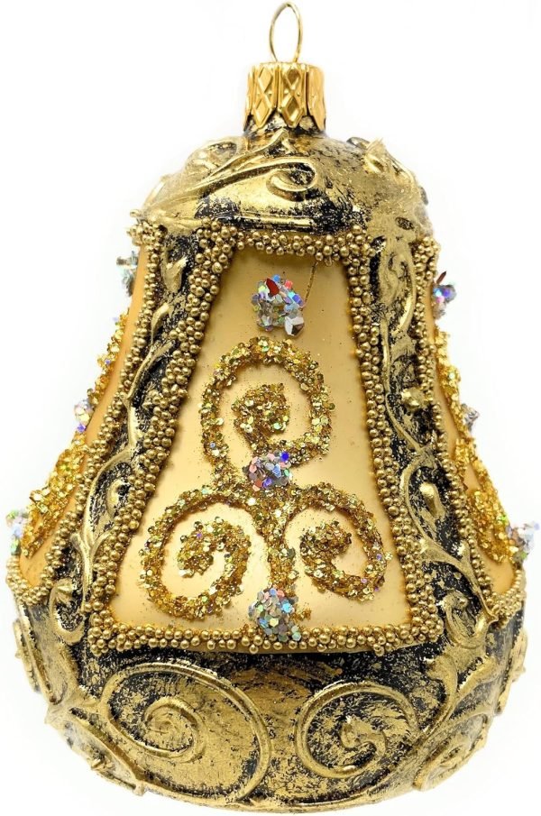 Goodsright Decor Christmas Bell Ornament 4-Inch Blown Glass (Gold Embellished)