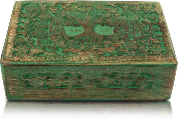 Goodsright Decor Great Birthday Gifts Handmade Decorative Wooden Jewelry Box Tree Of Life Carving Jewelry Organizer Keepsake Box Treasure Chest Trinket Holder Watch Box Storage Lock Box Housewarming Gift (Blue)