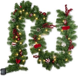 Goodsright Decor 9 FT Artificial Christmas Garland, Pre-Lit 50 LED Battery Operated Lighted Xmas Garland with 8 Modes for Indoor Holiday Door Home Decorations (Red)