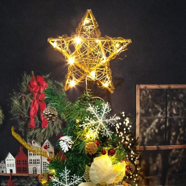 Goodsright Decor Christmas Tree Topper Farmhouse Christmas Decor Christmas Tree Decorations Rattan Natural Christmas Tree Star with 10 Warm LED Lights for Rustic Christmas Ornaments Holiday Seasonal Decoration 10 Inch