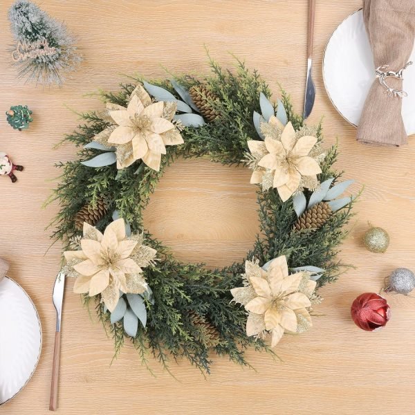 Goodsright Decor 24Pcs Christmas Glitter Poinsettia Flowers, Artificial Christmas Flower with Clips Glitter Christmas Tree Ornaments for Wedding Party Holiday Wreath Table Decoration