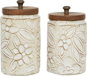 Goodsright Decor 79 Ceramic Handmade Decorative Decorative Jars Intricately Carved Decorative Containers with Wood Lids, Set of 2 Decorative Keepsake Boxes 9", 10"H, White