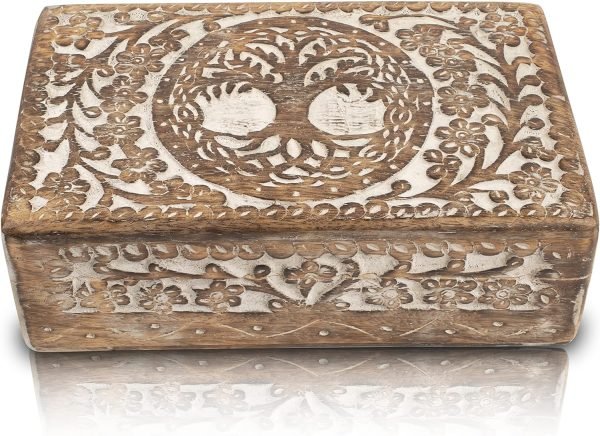 Goodsright Decor Great Birthday Gifts Handmade Decorative Wooden Jewelry Box Tree Of Life Carving Jewelry Organizer Keepsake Box Treasure Chest Trinket Holder Watch Box Storage Lock Box Housewarming Gift (Blue)