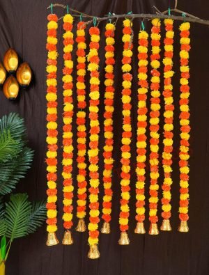 Goodsright Decor Artificial Marigold Flowers Garland with Golden Bells | Set of 10 | Orange, Yellow | 4.5 Feet | Bandhanwar Flower Garland String for Home, Party | Door Hanging Diwali Decorations for Home