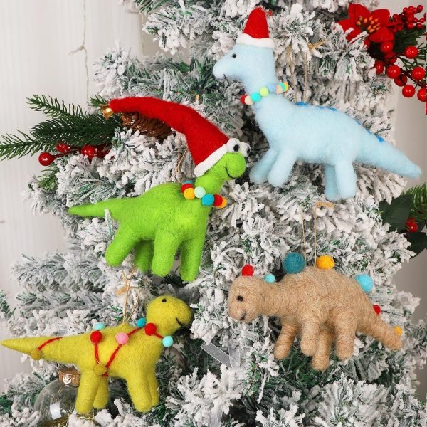 Goodsright Decor Christmas Felt Dinosaurs Ornaments Set of 4, Xmas Wool Dinosaur Hanging Decor, Felt Animal Crafts Woodland Cute Christmas Tree Wreath Decor for Home Dinosaur Themed Birthday Party Supplies