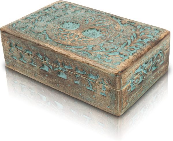 Goodsright Decor Great Birthday Gifts Handmade Decorative Wooden Jewelry Box Tree Of Life Carving Jewelry Organizer Keepsake Box Treasure Chest Trinket Holder Watch Box Storage Lock Box Housewarming Gift (Blue)