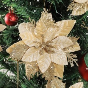 Goodsright Decor 24Pcs Christmas Glitter Poinsettia Flowers, Artificial Christmas Flower with Clips Glitter Christmas Tree Ornaments for Wedding Party Holiday Wreath Table Decoration