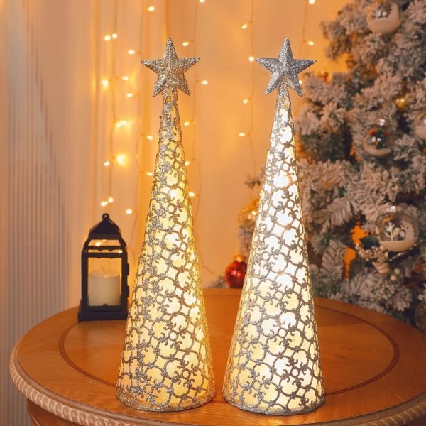 Goodsright Decor Lighted Christmas Table Decorations with Star and 10 LED Lights Battery Operated, Indoor Xmas Thanksgiving Holiday Wedding Party Tabletop Desk Ornament, Set of 2 (Gold, Silver)