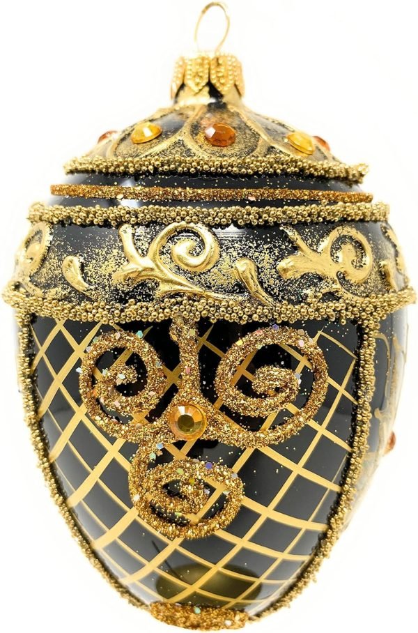 Goodsright Decor Faberg?? Egg 5-Inch Blown Glass Christmas Tree Ornament Holiday Poinsettia (Onyx Black)