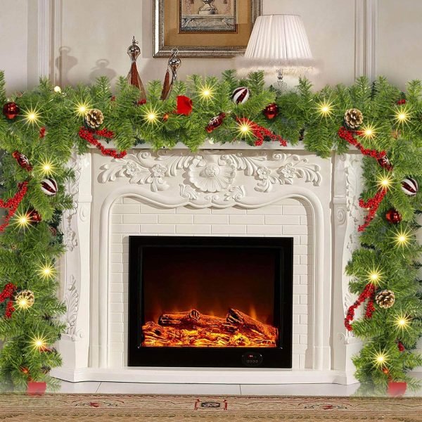 Goodsright Decor 9 FT Artificial Christmas Garland, Pre-Lit 50 LED Battery Operated Lighted Xmas Garland with 8 Modes for Indoor Holiday Door Home Decorations (Red)