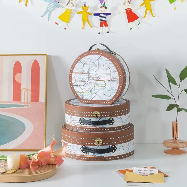 Goodsright Decor Round-Edged Cardboard Decorative Storage Boxes with Lids: Set of 3 Metro Route Themed Gifts, Mini Vintage Suitcases, Transit Map Decorated Boxes, Scrapbook Storage Boxes, Prop Storage Boxes