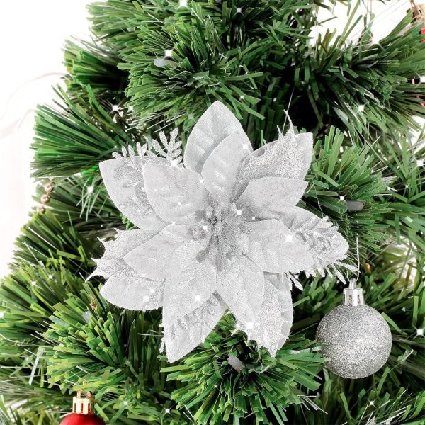 Goodsright Decor 24Pcs Christmas Glitter Poinsettia Flowers, Artificial Christmas Flower with Clips Glitter Christmas Tree Ornaments for Wedding Party Holiday Wreath Table Decoration