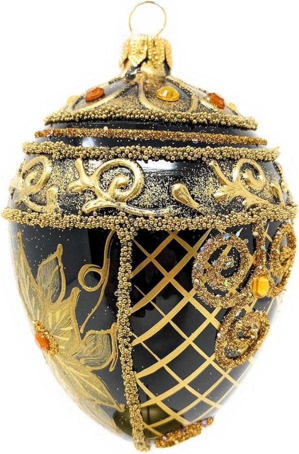 Goodsright Decor Faberg?? Egg 5-Inch Blown Glass Christmas Tree Ornament Holiday Poinsettia (Onyx Black)