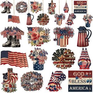 Goodsright Decor 36 Pcs 4th of July Vintage Ornaments Patriotic Wooden Ornaments Independence Day Decorations White Red Blue Tree Decors Memorial Day Tree Ornaments for American Memorial Day Party(Classic)
