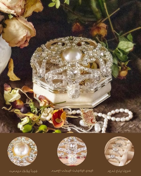 Goodsright Decor Vintage Jewelry Box for Women 1950s, Trinket Boxes Crystal Small Jewelry Box for Girls, Ring &Earring Holder Organizer, Antique Jewelry Case, White Jewelry Box with Pearl and Rhinestone