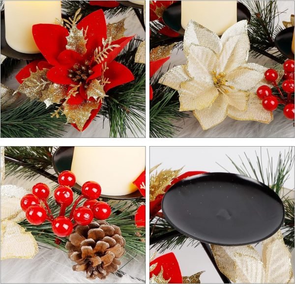 Goodsright Decor Christmas Centerpiece, Christmas Candle Holders, Christmas Tabletop Poinsettia Centerpiece with 3 Flameless Candle, Romantic Holiday Candelabrum for Home Party Christmas Table Mantel Decorations
