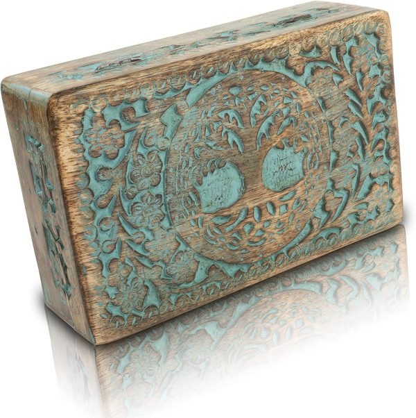 Goodsright Decor Great Birthday Gifts Handmade Decorative Wooden Jewelry Box Tree Of Life Carving Jewelry Organizer Keepsake Box Treasure Chest Trinket Holder Watch Box Storage Lock Box Housewarming Gift (Blue)