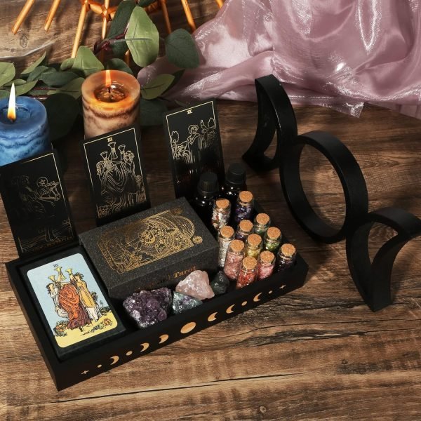 Goodsright Decor Crystal Display Moon Tray Tarot Card Holder Stand, Wiccan Decor & Witchy Accessories & Pagan Altar Supplies, Black Wooden Storage Organizer Box for Rocks Healing Stones Jewelry Home Decorative