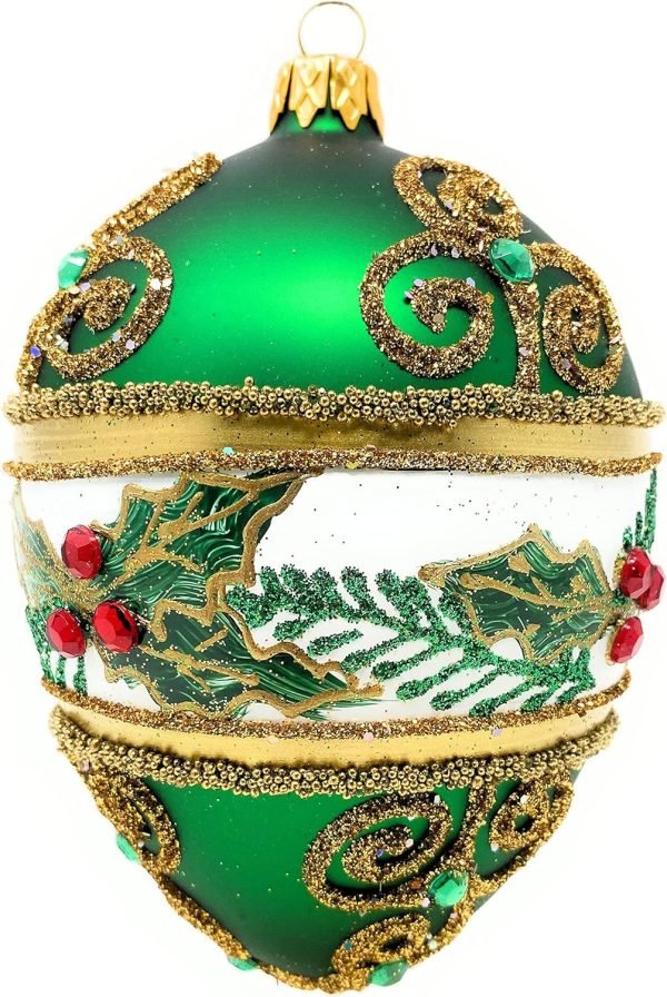 Goodsright Decor Faberg?? Egg 5-Inch Blown Glass Christmas Tree Ornament Mistletoe Leaves (Green Matte)