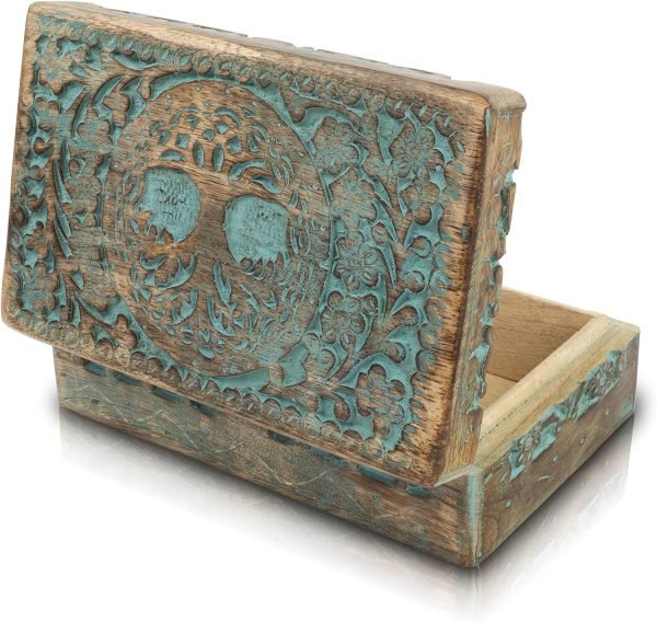 Goodsright Decor Great Birthday Gifts Handmade Decorative Wooden Jewelry Box Tree Of Life Carving Jewelry Organizer Keepsake Box Treasure Chest Trinket Holder Watch Box Storage Lock Box Housewarming Gift (Blue)