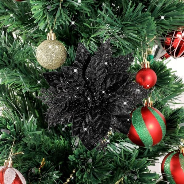 Goodsright Decor 24Pcs Christmas Glitter Poinsettia Flowers, Artificial Christmas Flower with Clips Glitter Christmas Tree Ornaments for Wedding Party Holiday Wreath Table Decoration