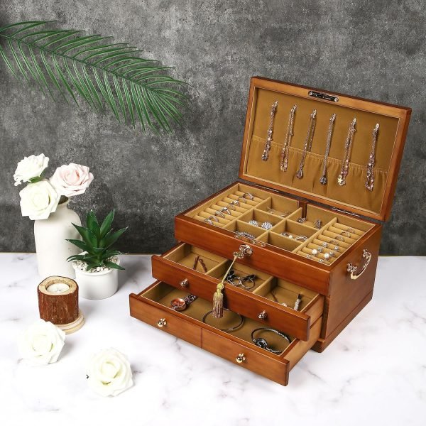Goodsright Decor Wooden Jewelry Box with Lock and Key for Women, 2 Drawers Medium Size Real Natural Wood Lockable Antique Girls Organizer Boxes with Large Storage, Ring Compartments, Built in Necklace Hooks